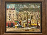 an oil painting of a street scene with buildings and trees