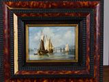 an oil painting of a sailboat on the water with other boats in the background