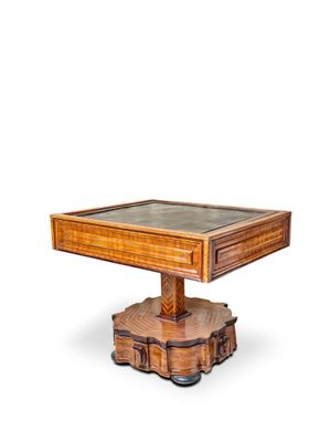 an image of a wooden table with a glass top on a white background