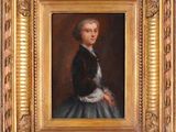 un tableau représentant un jeune garçon vêtu d'une robe bleue, dans un cadre doré