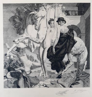 a black and white drawing of a woman on a horse