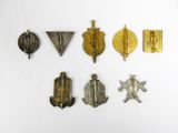 several different types of military badges are displayed on a white surface
