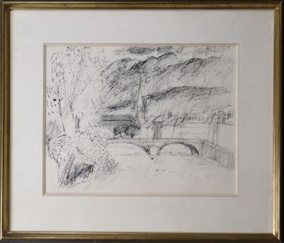 dessin au crayon représentant un pont enjambant une rivière dans une zone boisée