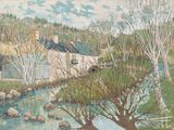 a painting of a house by a river in the country