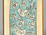 painting in a wooden frame with a blue and white design on it