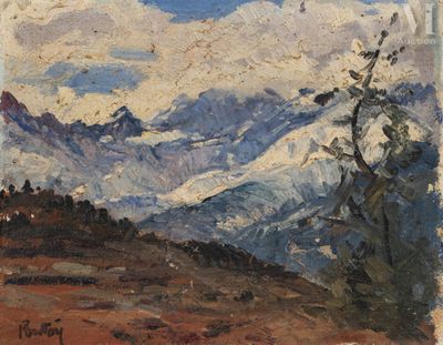 an oil painting of a mountain scene with a lone tree in the foreground