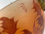a close up of a vase with leaves on it