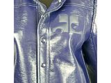 a close up of a mannequin wearing a shiny blue jacket