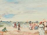 painting of a beach scene with people on the sand and boats in the water