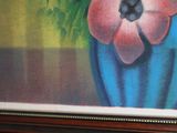 a painting of a pink flower in a blue vase