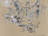 dessin représentant Mickey Mouse et d'autres personnages devant un château