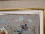 a painting of flowers in a vase on a table
