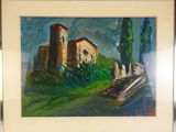 peinture représentant un tableau représentant un bâtiment avec un escalier menant à celui-ci