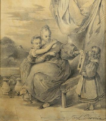 an old drawing of a woman and two children sitting on a bench