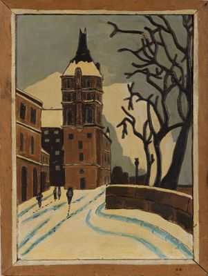 une image représentant un tableau d'une rue enneigée avec une église en arrière-plan