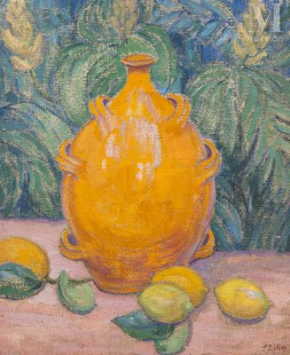 painting of a yellow vase with lemons and leaves on a table