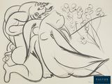 dessin représentant une femme assise sur une chaise, tenant un bouquet de fleurs