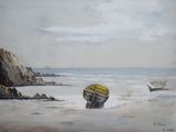 une peinture d'un bateau sur la plage au bord de l'eau