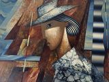un tableau représentant une femme portant un chapeau et tenant une canne à pêche