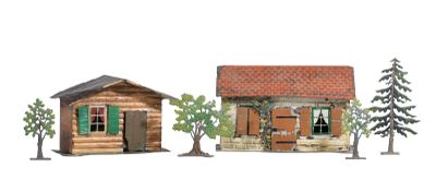 deux petites maisons en bois côte à côte sur un fond blanc