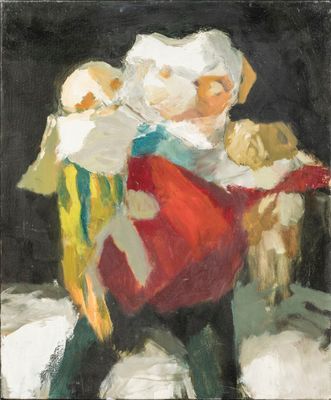 une peinture à l'huile représentant un enfant portant un ours en peluche par une journée enneigée