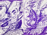 dessin à l'encre violette représentant un bateau sur un plan d'eau