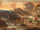 painting of a painting of a village with a river and a bridge