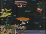 a picture of a painting of people flying in the sky
