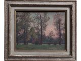 an oil painting of a field with trees and a house in the distance