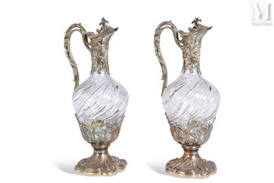 pair of antique silver and glass vases on stand on white background