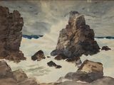 une aquarelle représentant des rochers et des mouettes sur la plage