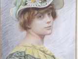 painting of a woman wearing a hat with flowers on it