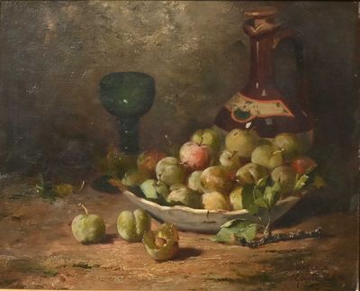 a painting of a bowl of plums and a green vase on a table