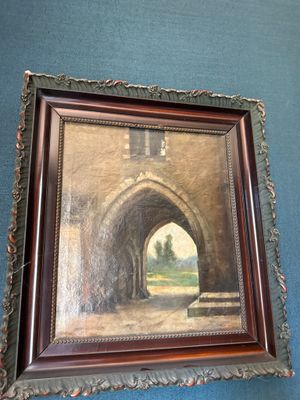 tableau représentant une arcade dans un mur bleu, avec un banc au premier plan
