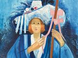 tableau représentant une femme en robe bleue tenant un ruban rose