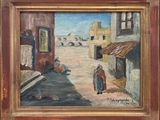 an oil painting of a woman walking down a street in a village