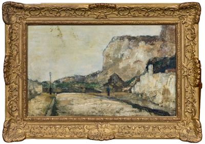 une peinture à l'huile représentant un paysage avec une route et une montagne en arrière-plan