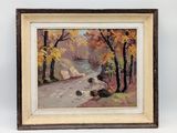 a painting of a river in a wooded area with rocks and trees