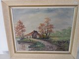 une image d'une peinture d'une maison au bord de l'eau