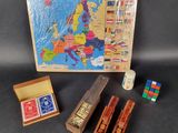 an image of a box with a map, stamps, and a box of stamps