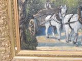 a painting of two horses pulling a carriage down the street