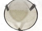 a glass table with a metal base on a white surface