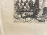 a drawing of a woman standing in front of a basket of apples