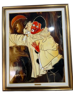 tableau représentant un homme portant un masque rouge sur le visage