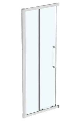a close up of a glass shower door on a white background
