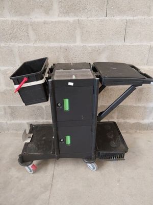 a black cart with two black bins on top of it