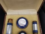 un ensemble d'objets bleus et blancs dans une boîte