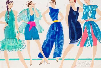 illustration représentant un groupe de femmes vêtues de robes bleues et vertes