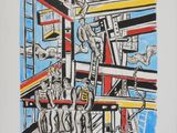 an image of a picture of a painting of a man on a ladder