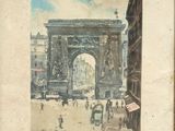 painting of a painting of a street scene with people and buildings